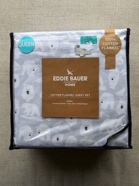Eddie Bauer Light Gray and White Polar Bear Flannel Sheet Set New